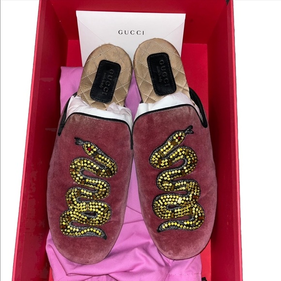 GUCCI Kingsnake Lawrence mules pink yellow size 7 velvet slippers slides snake - Picture 3 of 16